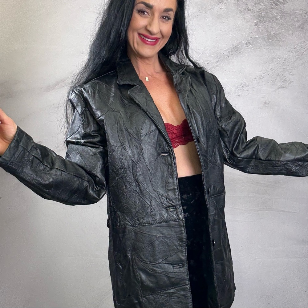 Black Oversized Leather Jacket with Glossy Finish